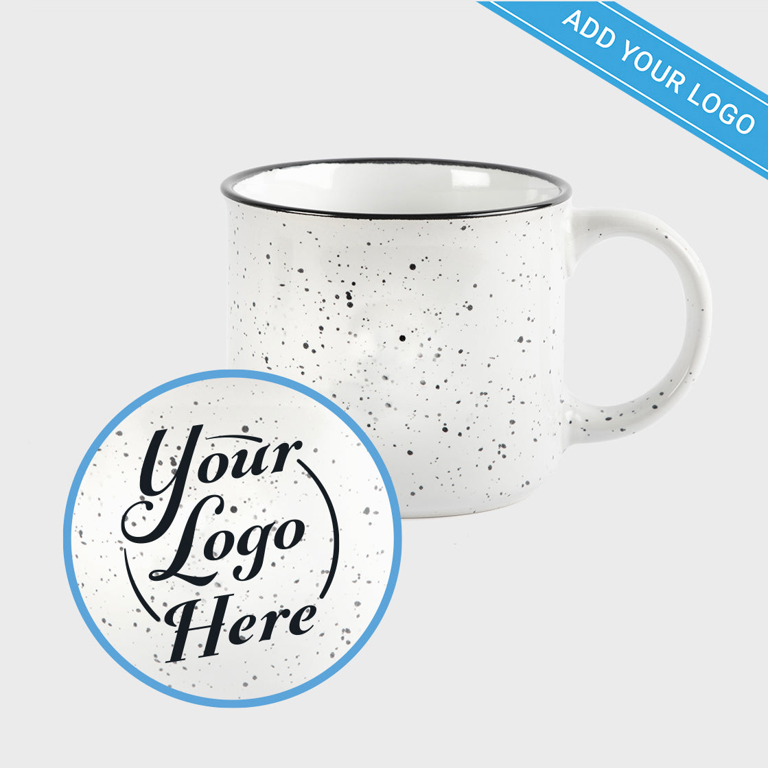 Speckled white ceramic mug with black rim, customizable with your logo for corporate or gift branding