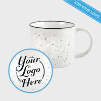 Thumbnail for Speckled white ceramic mug with black rim, customizable with your logo for corporate or gift branding