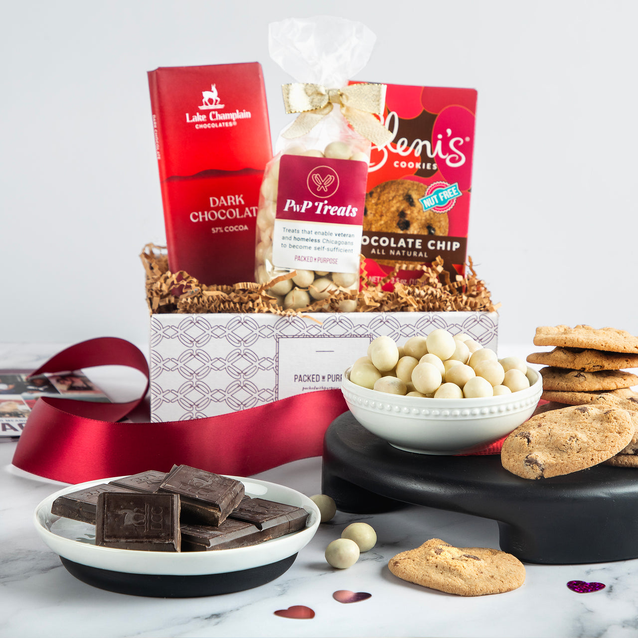 Chocolate Indulgences gift box with  Lake Champlain dark chocolate, vegan chocolate chip cookies, and white chocolate-covered treats