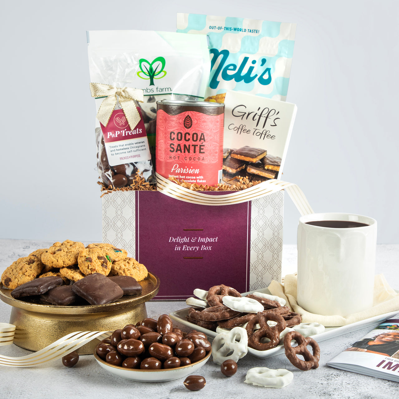 For the Chocolate Lover gift box featuring Cocoa Santé hot cocoa, Griff’s coffee toffee, chocolate-covered almonds, and yogurt-covered pretzels.  Perfect for Valentine’s Day.