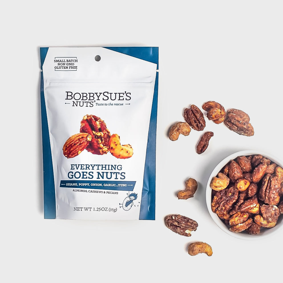 Hand-roasted everything-spice nut mix with almonds, cashews and pecans by Bobby Sue's Nuts