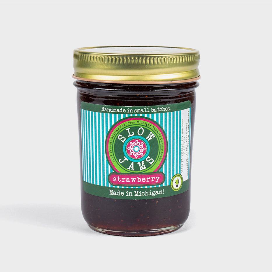 Jar of Slow Jams strawberry jam made in small batches in Michigan