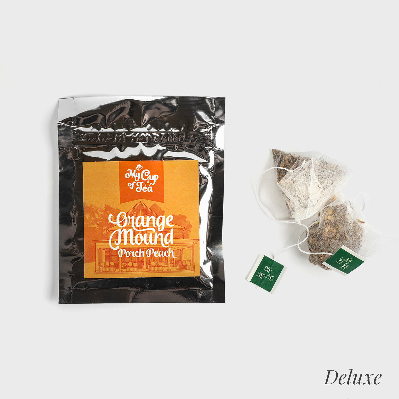 Peach-flavored Orange Mound Porch Peach tea blend by My Cup of Tea, with individual tea bags