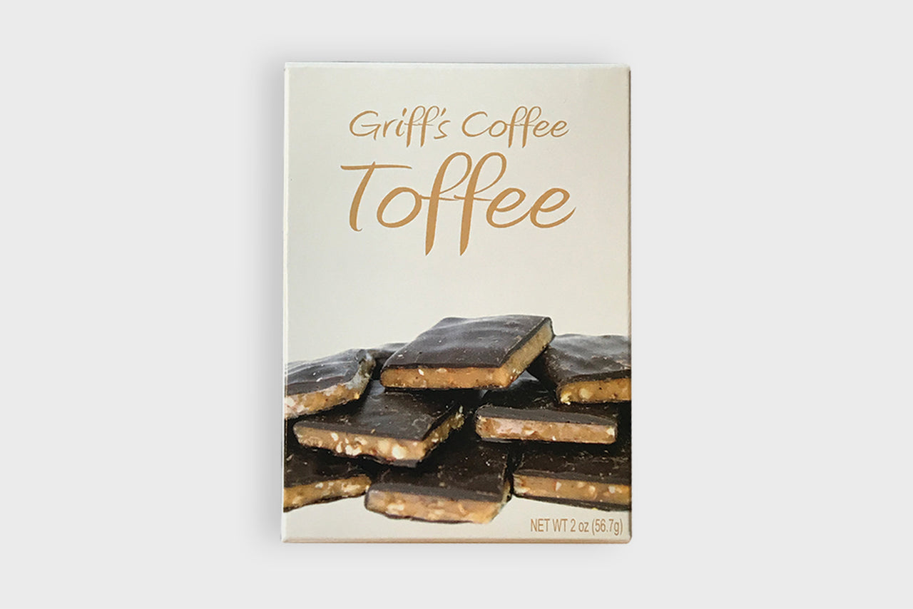 Griff’s Coffee Toffee box featuring rich chocolate-covered toffee pieces