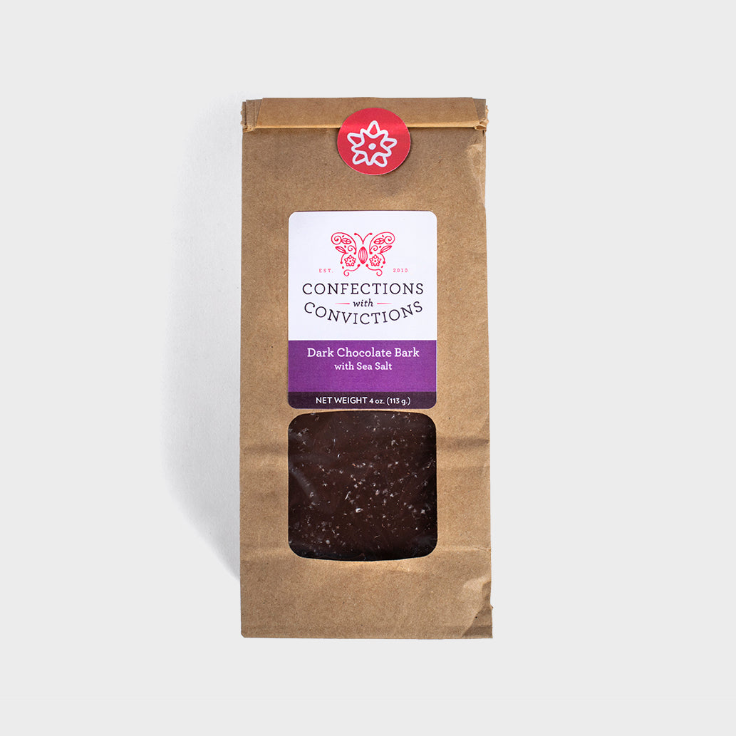 Confections with Convictions dark chocolate bark with sea salt