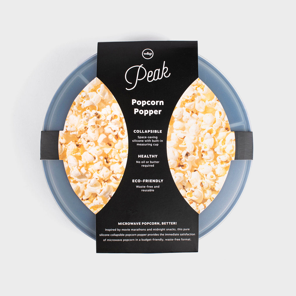 Peak collapsible silicone popcorn popper with black label, designed for healthy, eco-friendly microwave popping