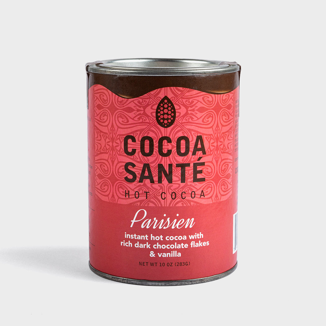 Cocoa Santé Parisien hot cocoa tin with rich dark chocolate flakes and vanilla
