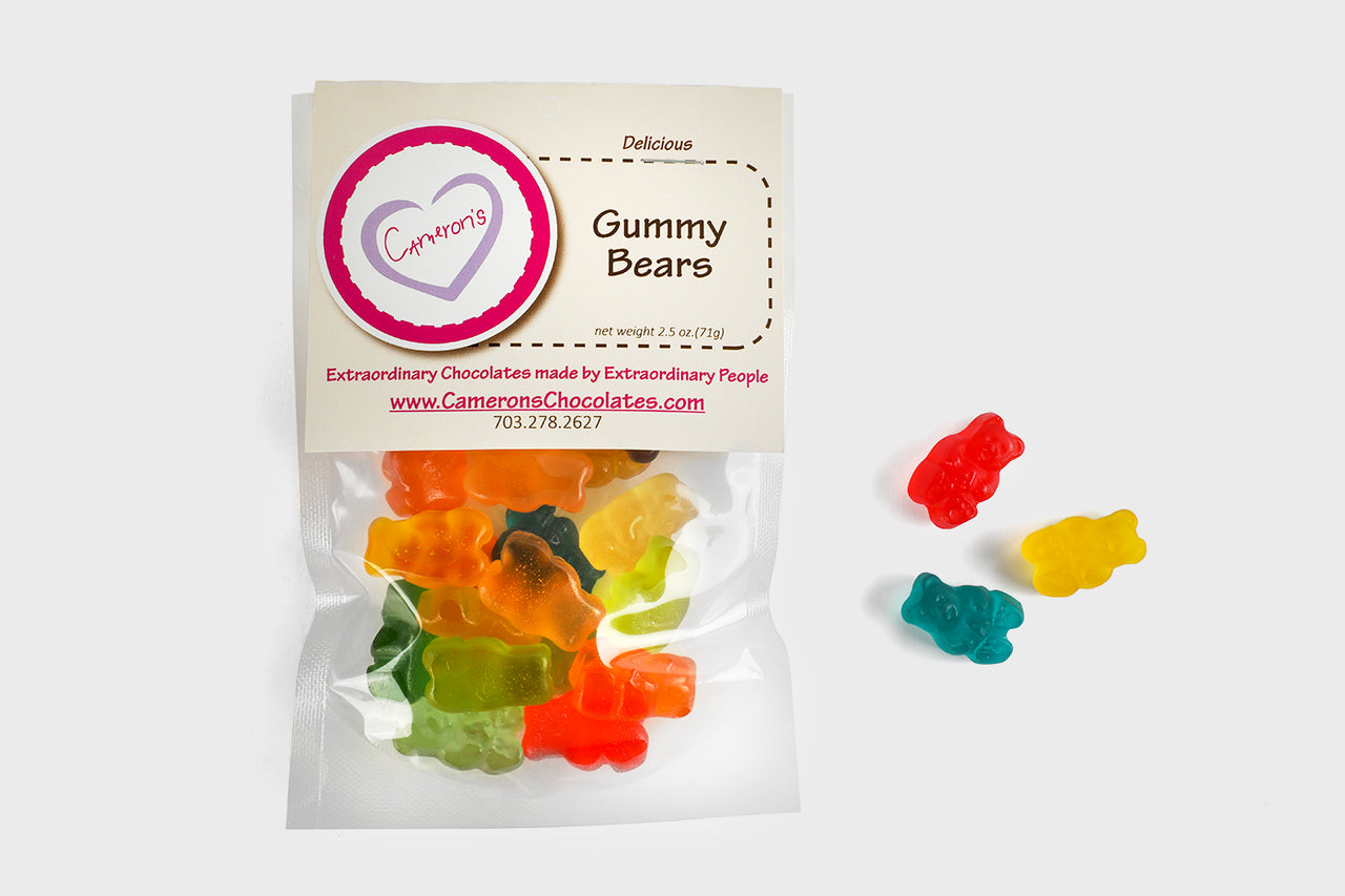 Cameron’s Gummy Bears in a clear resealable pouch, featuring colorful fruit-flavored bears
