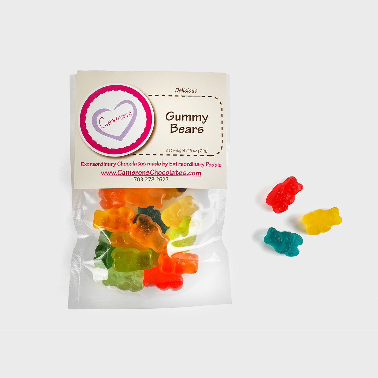 Cameron’s Gummy Bears in a clear resealable pouch, featuring colorful fruit-flavored bears