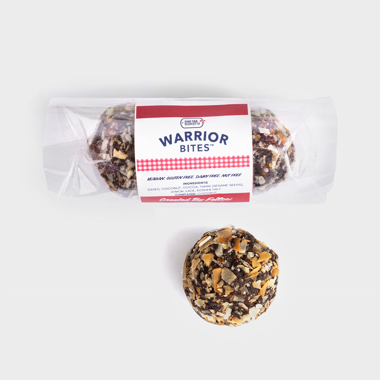 Package of Warrior Bites energy snacks, featuring vegan, gluten-free, and dairy-free ingredients, and one bite-sized snack outside the wrapper