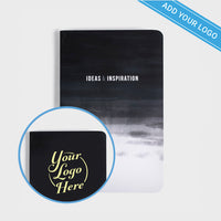 Thumbnail for Black and white softcover notebook with 'Ideas & Inspiration' text, and optional custom logo area