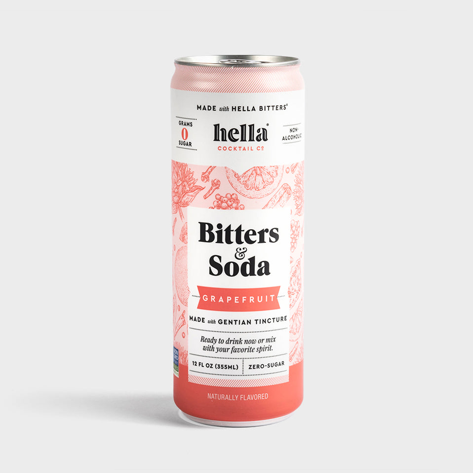 Hella Bitters & Soda in grapefruit flavor,  zero sugar and non-alcoholic