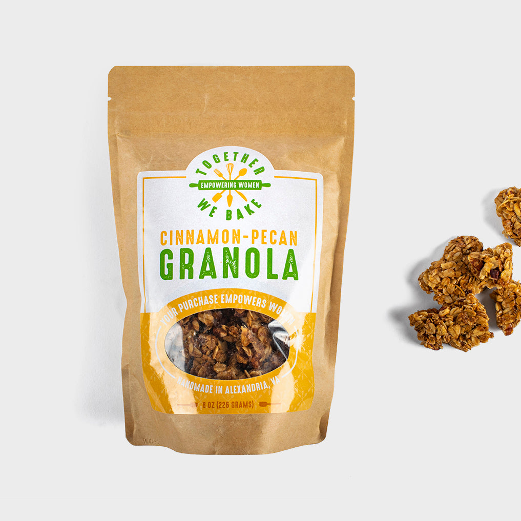 Handcrafted cinnamon-pecan granola by Together We Bake, packaged with a mission to empower and uplift women.