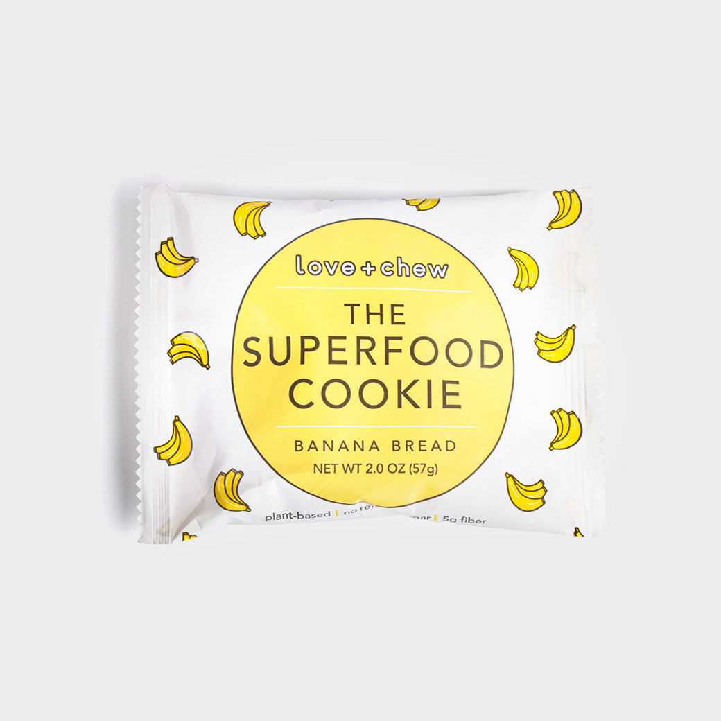 Love + Chew Banana Bread Superfood Cookie. Plant-based, no refined sugar, and high in fiber.