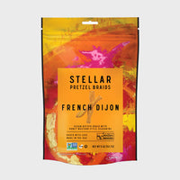 Thumbnail for Bag of Stellar French Dijon Pretzel Braids with bold packaging, featuring vegan pretzels baked with tangy honey mustard-style seasoning