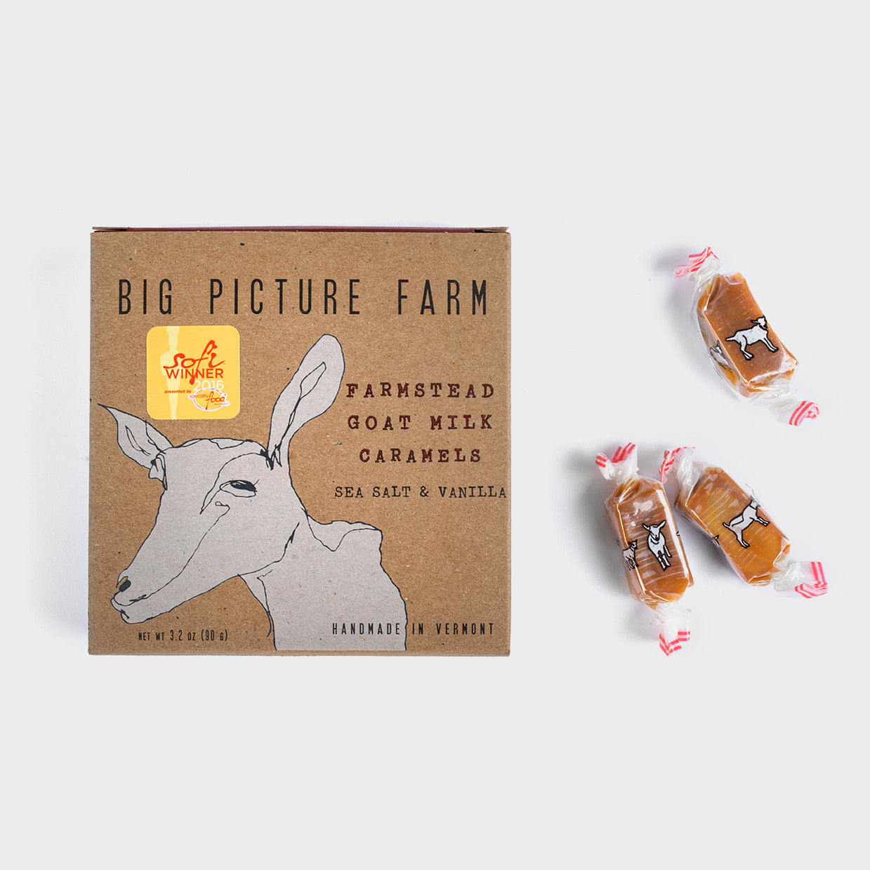Box of Big Picture Farm farmstead goat milk caramels with sea salt and vanilla, handmade in Vermont