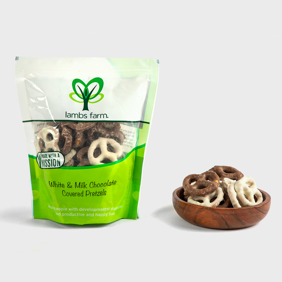 Sweet and salty white and milk chocolate-covered pretzel twists by Lambs Farm