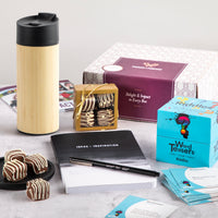 Thumbnail for Office Desk Essentials gift box—featuring a bamboo mug, treats, inspirational notebook with pen, ideal for employee appreciation