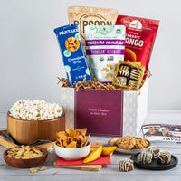 Thumbnail for Sweet and Savory Delights gift box featuring popcorn, dried fruits, artisan cookies, and chocolate treats, ideal for employee gifts or virtual events