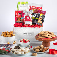 Thumbnail for Open holiday edition gift basket labeled ‘A Sweet Thanks’ with cookies, southern-style toffee, chocolate covered almonds, and gourmet popcorn