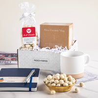 Thumbnail for Open gift basket labeled ‘A Token of Appreciation’ with toffee, chocolate meltaways, journal, and pen.