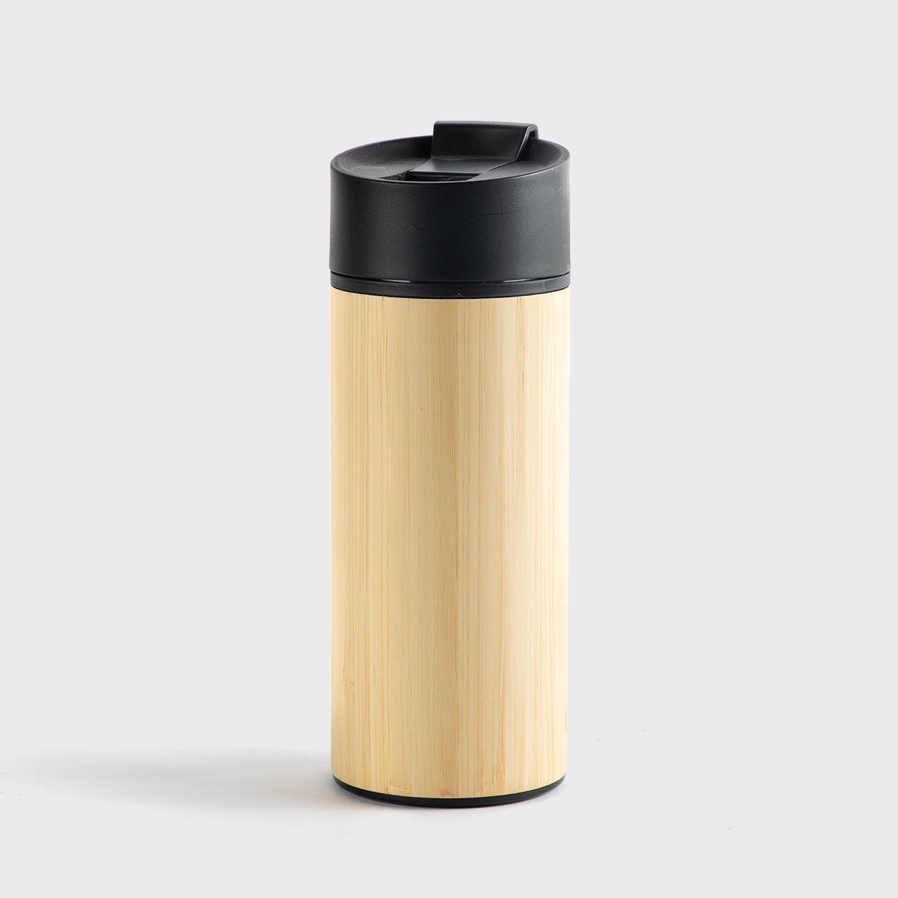 Insulated bamboo-wrapped tumbler with infuser and flip cap, 12 oz