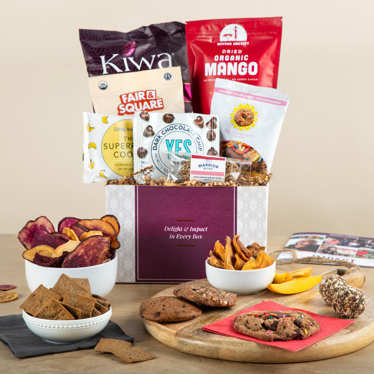 Gluten & Nut-Free Vegan Treats Gift Basket: organic mango, vegetable chips, dark chocolate bar, and cookies