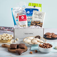 Thumbnail for Open gift basket labeled ‘Gourmet Treats’ with key lime cookies, chocolate chip cookies, roasted nuts, and toffee.