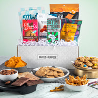Thumbnail for Open gift basket labeled ‘Thoughtful Wishes’ with cookies, handcrafted chocolate, gourmet nuts, and dried fruit.