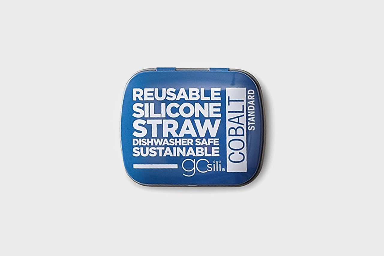 Reusable blue silicone straw with aluminum travel case, dishwasher safe