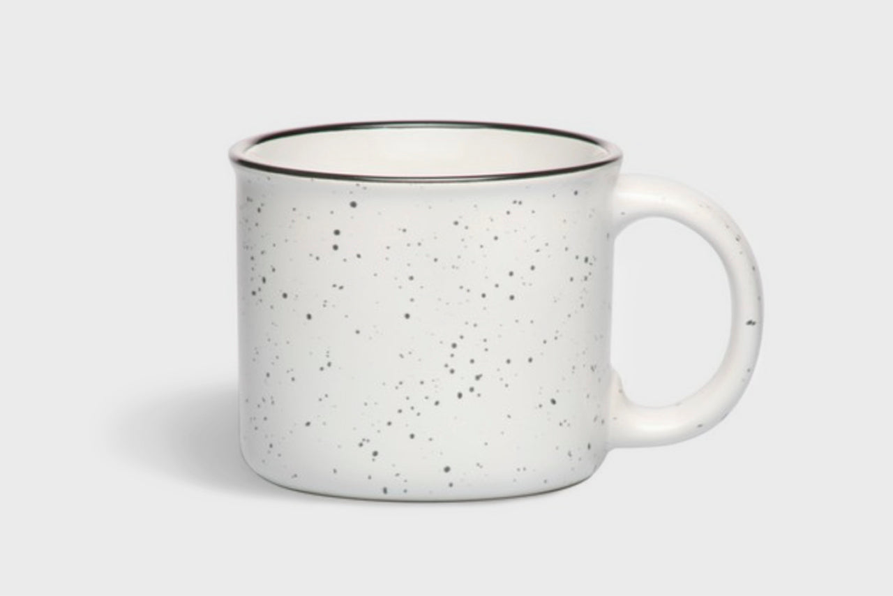 Brandable campfire-style marbled white stoneware mug