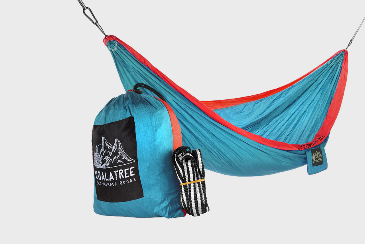 Lightweight red and teal nylon hammock and stuff sack