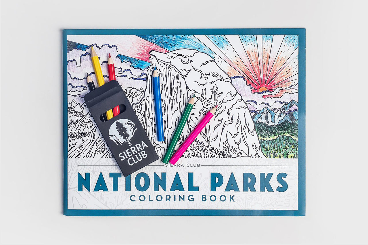 All-ages coloring book featuring inspiring National Parks landscapes with Set of 6 colored pencils